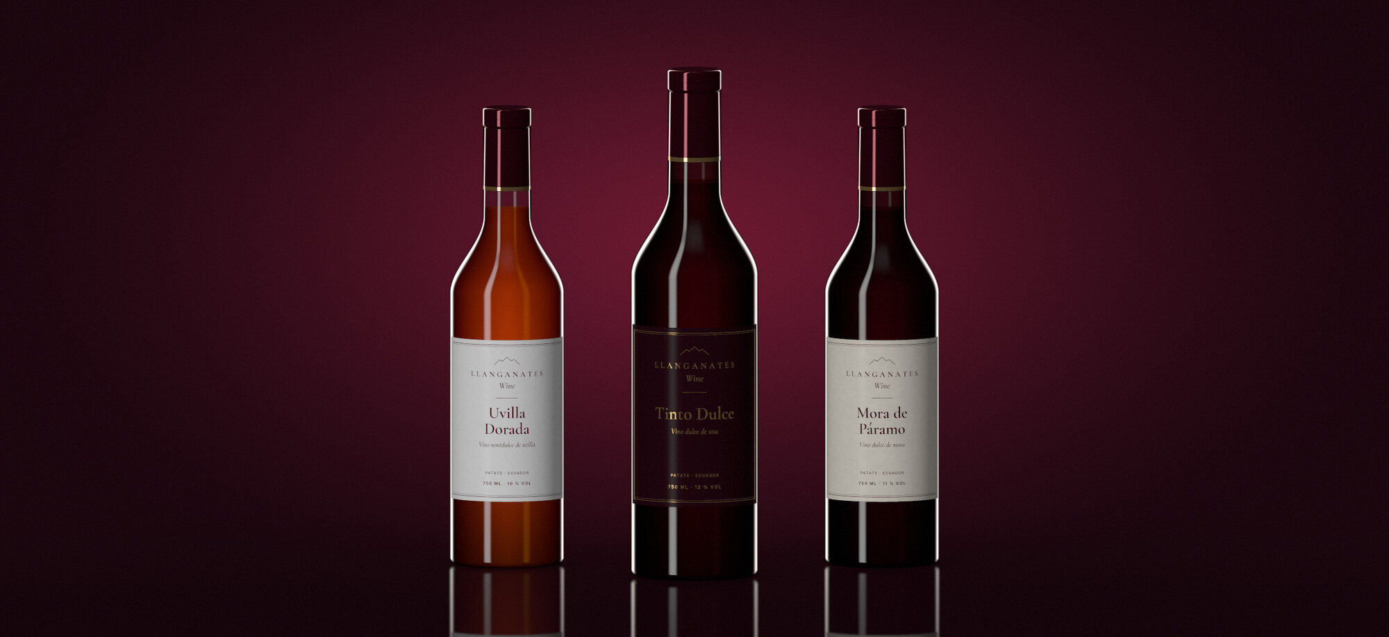 Botellas de Uvilla Dorada, Tinto Dulce y Mora de Páramo
